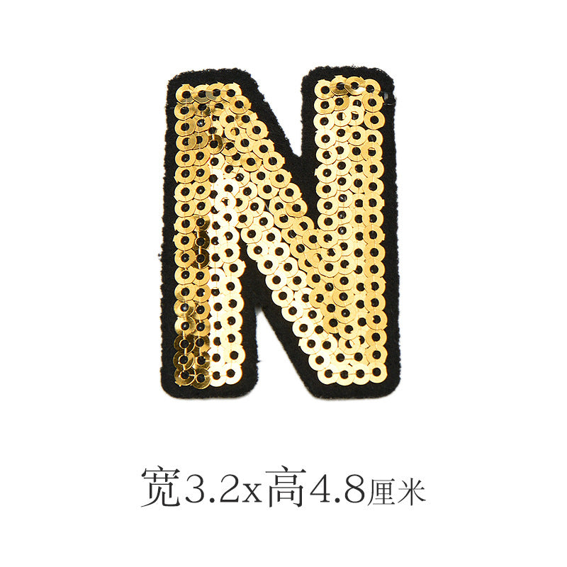 Wholesale Polyester Gold Sequin Alphabet Embroidered Patches For Coats Fashion Clothing Decorative Applique DIY Craft Supply