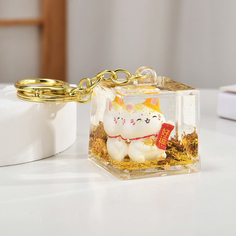 Wholesale Acrylic Golden Flowing Sand Lucky Cat Creative Keychain