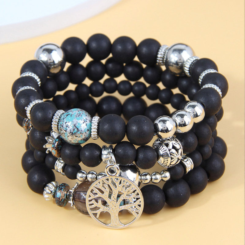 Wholesale Alloy Tree of Life Pendant Frosted Bead Multilayer Bracelet