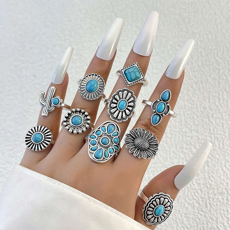 Wholesale Vintage turquoise carved feather ring set
