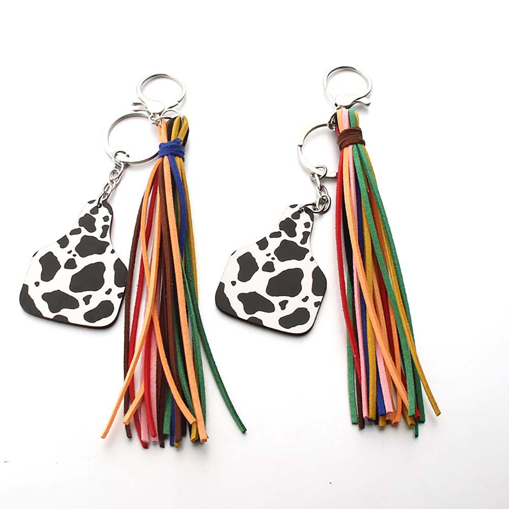 Wholesale Western Leather Tassel Cow Horse Head Cross Printed Wooden Plaque Keychain