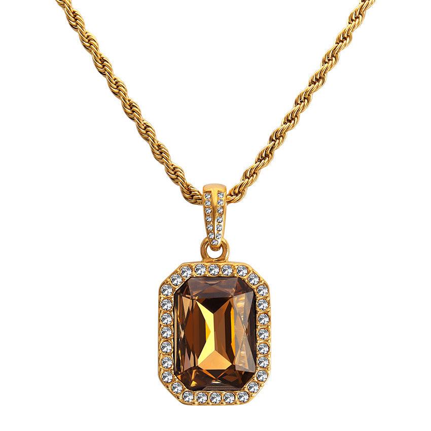Wholesale Retro Atmospheric Square Style Zircon Surrounded By Diamond Twist Titanium Steel Chain