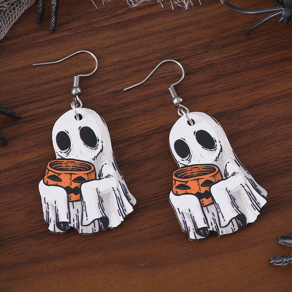 Wholesale Ghost Face Dangle Earrings Wooden Gothic Double Sided Earrings