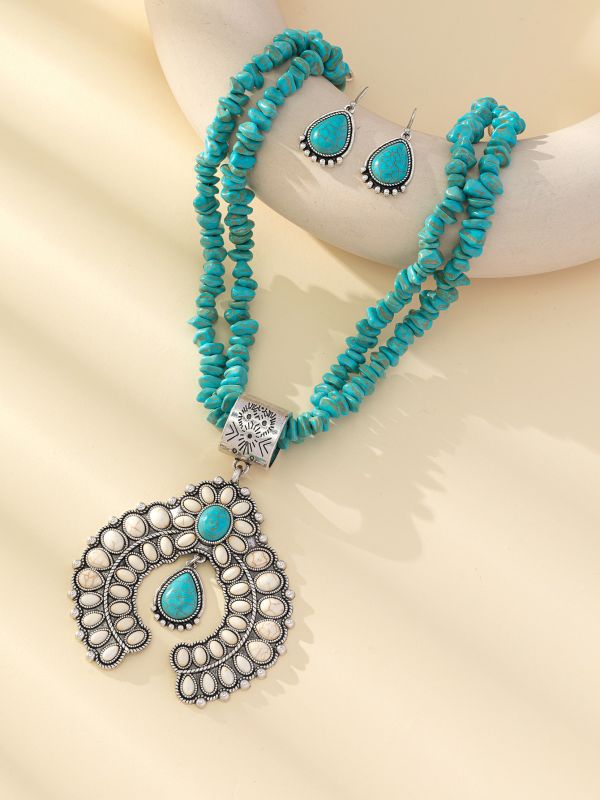 Wholesale Retro round flower turquoise pendant ethnic style alloy geometric earrings necklace jewelry set