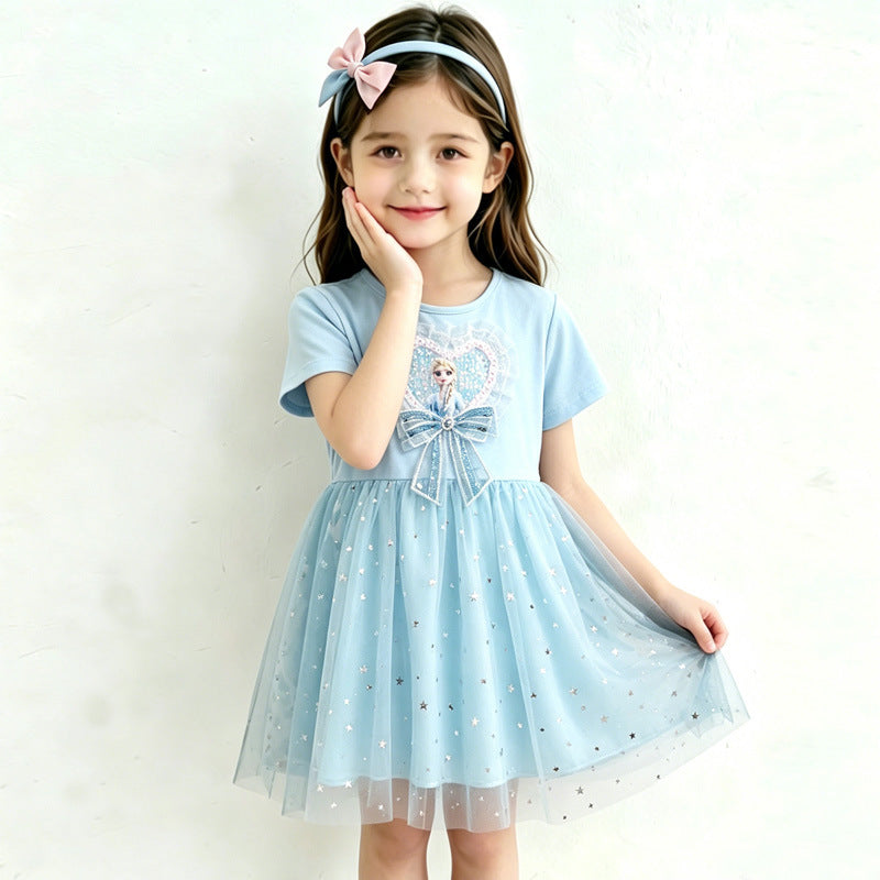 Wholesale Trendy Girls Summer Princess Dress Pink Short Sleeve Star Mesh Tulle Party Wear OLY Exclusive