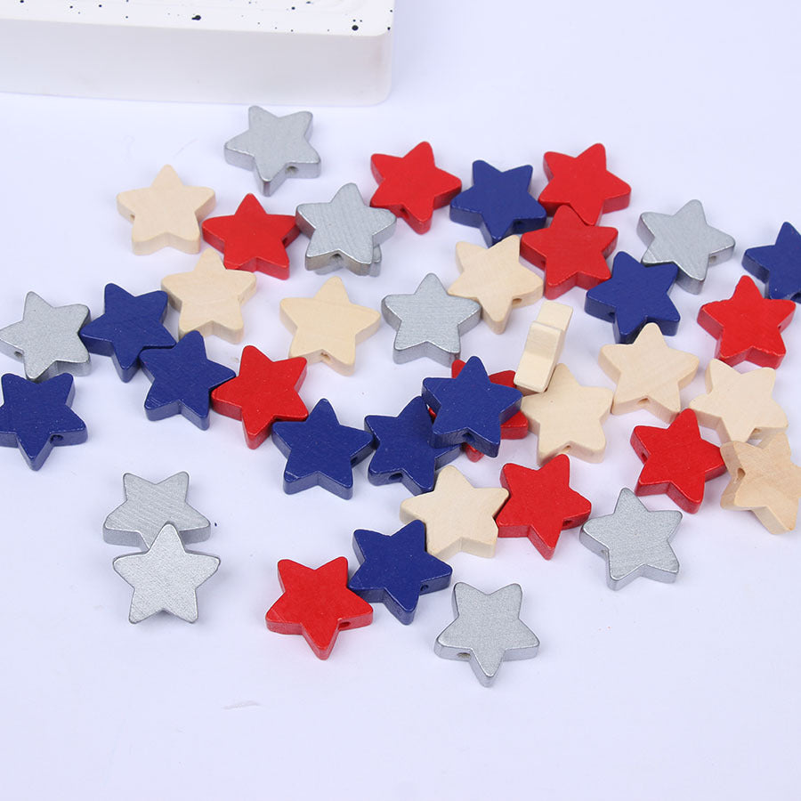 Wholesale 20pcs Five-pointed Star American Independence Day Colorful Wooden Beads