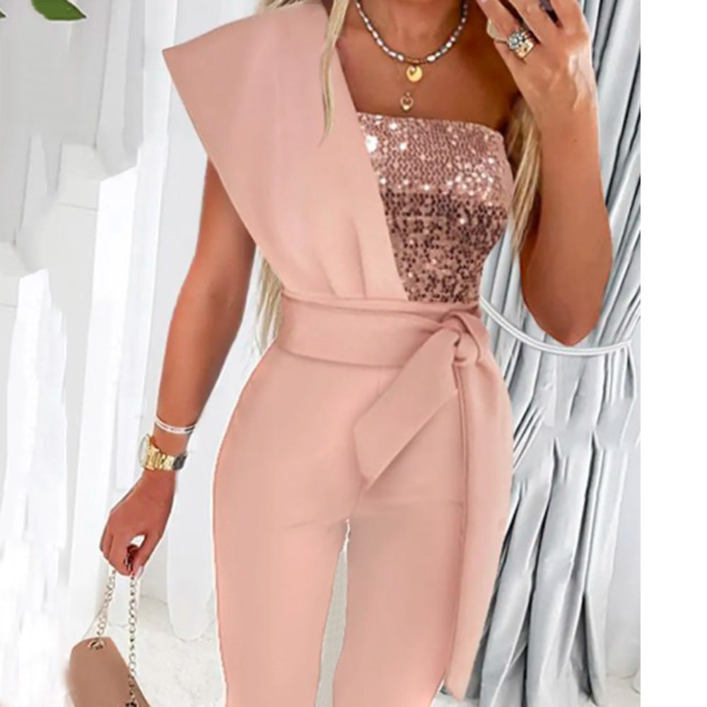 Wholesale Solid Color Sleeveless Belt Decorative Jumpsuit Slim-fit Stitching Beaded Women's Trousers