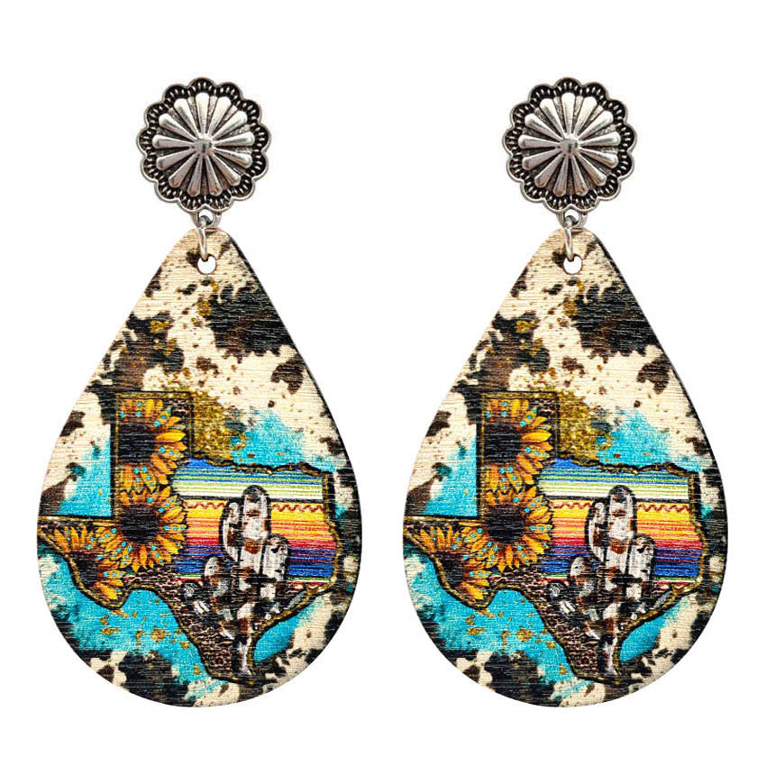 Wholesale Western Style Cow Pattern Sunflower Texas Map Leather Drop Earrings