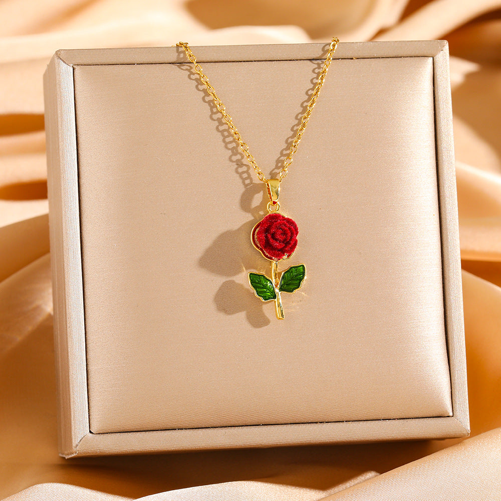 Wholesale Red Rose Diamond Titanium Steel Necklace