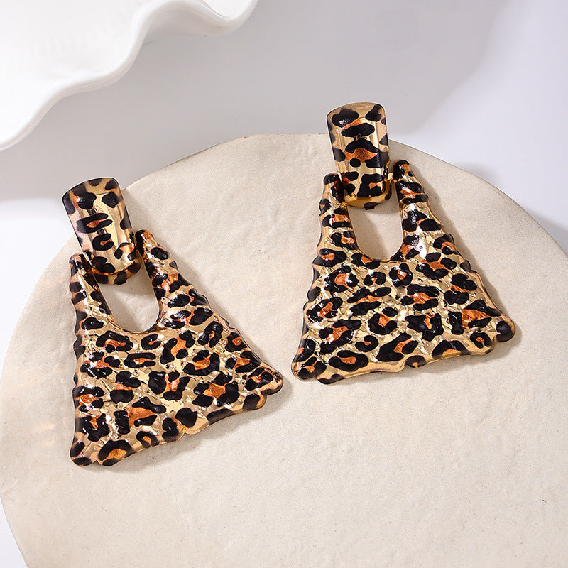 Wholesale 1 Pair of Fashionable and Exaggerated Metal Geometric Leopard Print Quadrilateral Large Earrings