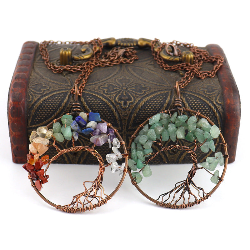 Wholesale Handmade Winding Natural Stone Ancient Red Copper Curved Life Tree Necklace