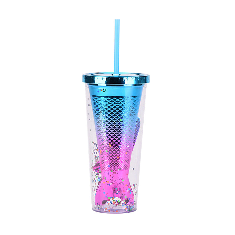 Wholesale Double-layer Plastic Cup Creative Gradient Mermaid Tail Colorful Sequin Straw Water Cup