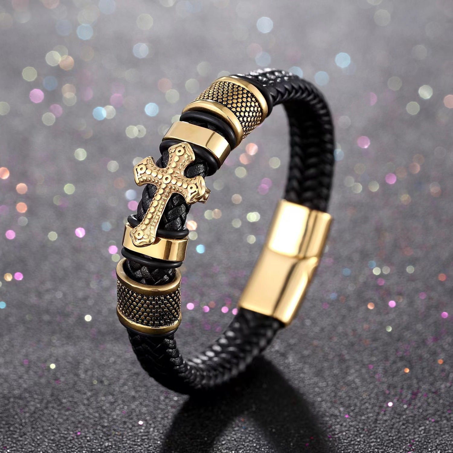 Wholesale Punk Braided Cross Men's Leather Bracelet