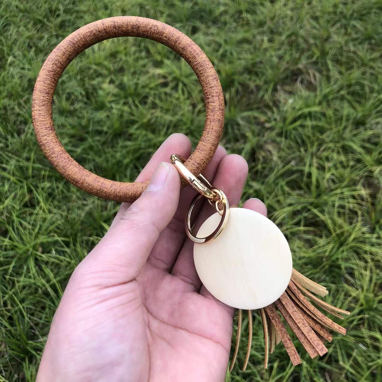 Wholesale Punk denim leather wristband tassel wooden pendant Wristlet Keychain