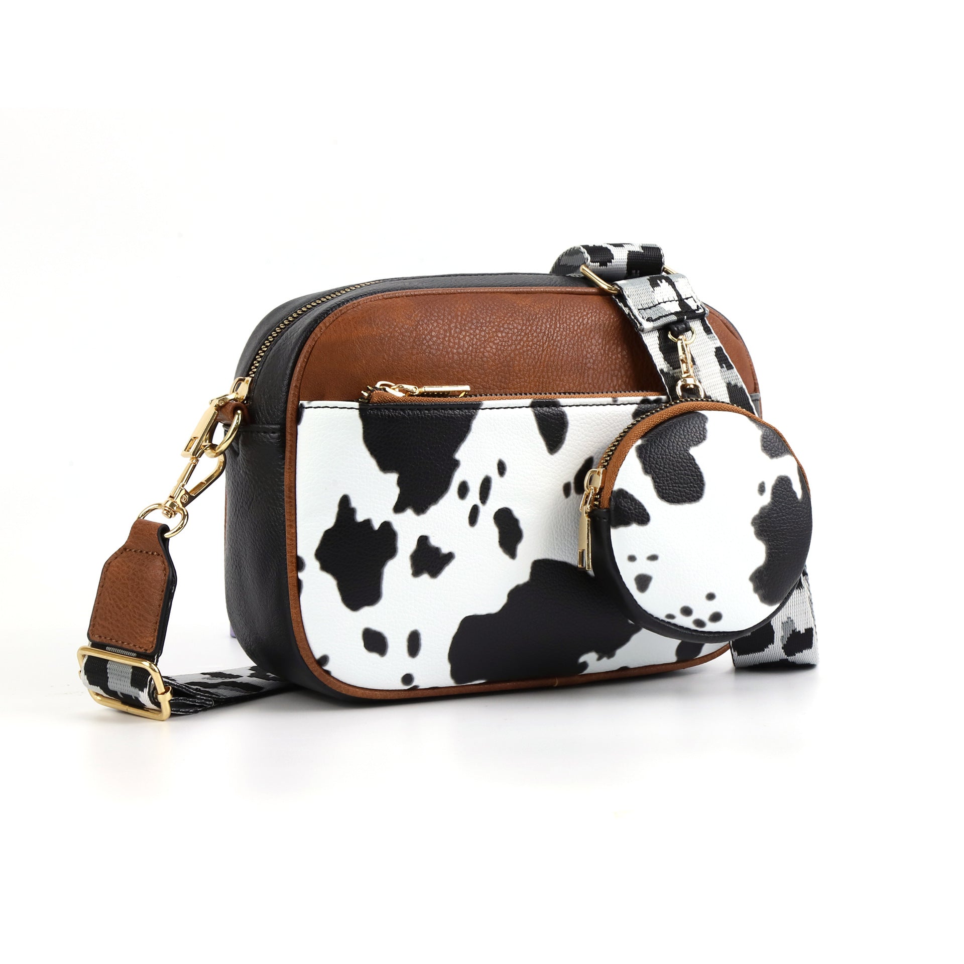 Wholesale Cow Pattern Colorblock Retro Zipper Shoulder Strap Crossbody Bag