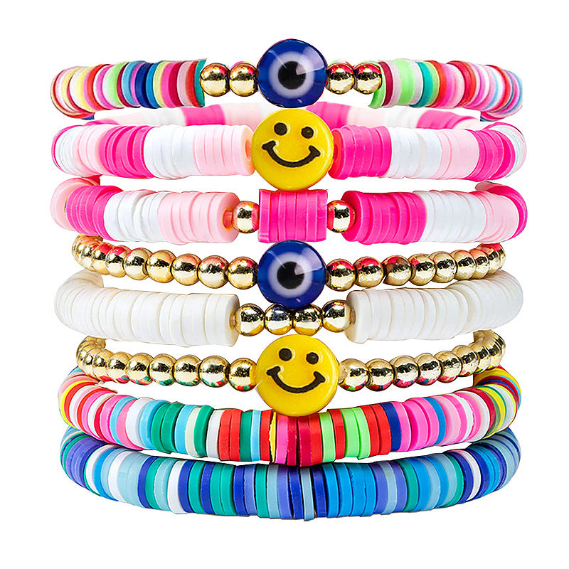 Wholesale Colorful Soft Pottery Smile Heart Pearl Bracelet Set