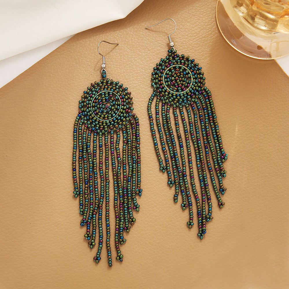 Wholesale Geometric Round Dreamweaver Mesh Rice Beads Tassel Earrings