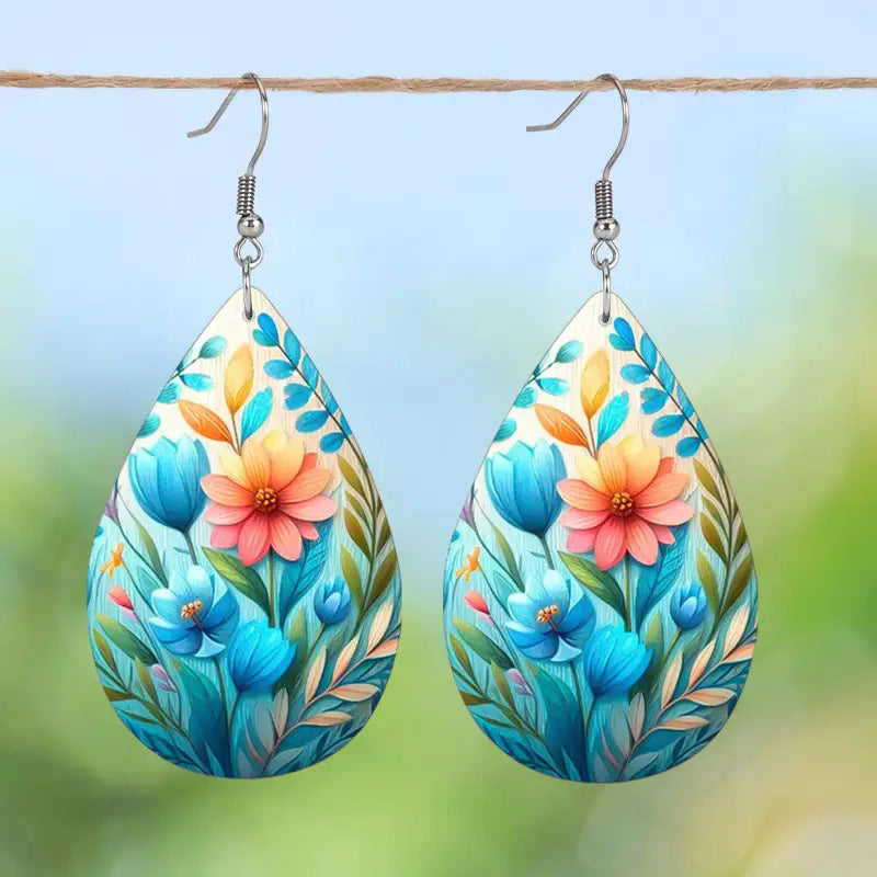 Wholesale Flower Pattern Double Sided PU Leather Earrings