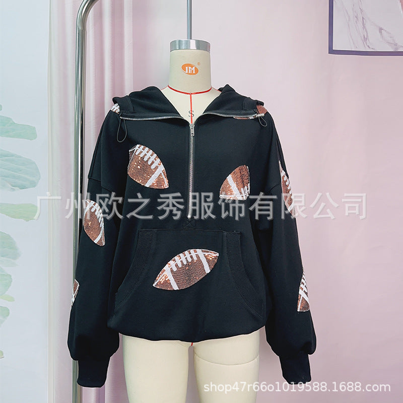 Wholesale Spring and Autumn Rugby Sequin Patchwork Hooded European and American Zipper Drawstring Long Sleeved Women Clothes