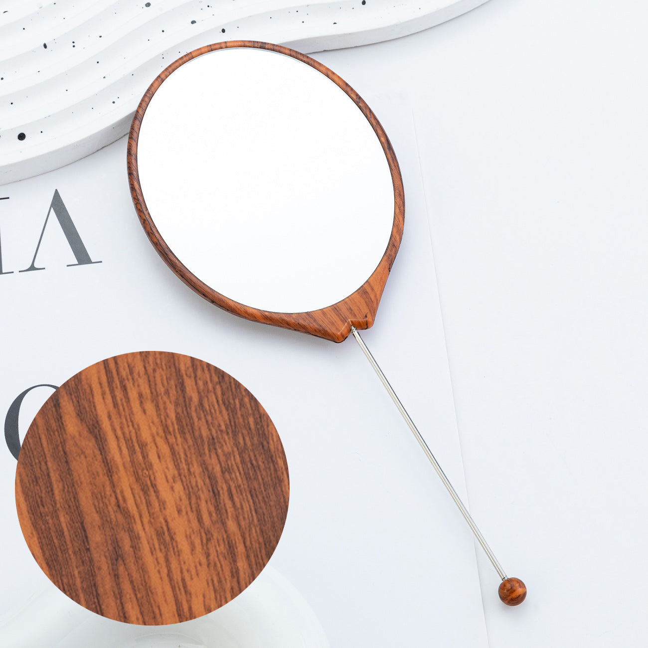 Wholesale New DIY beaded oval wood grain mirror handheld makeup mirror