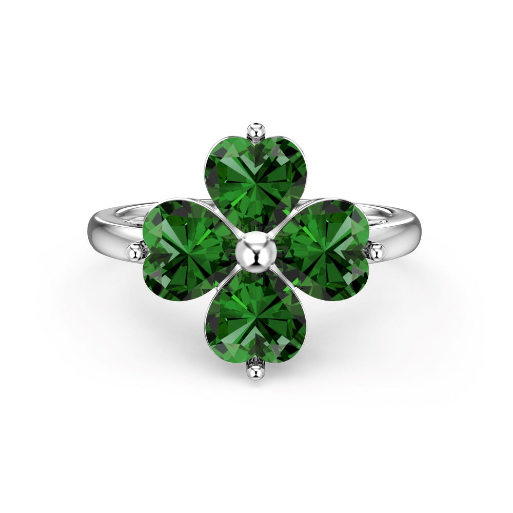 Wholesale S925 Sterling Silver Green Four-leaf Clover Zircon Inlaid Ring