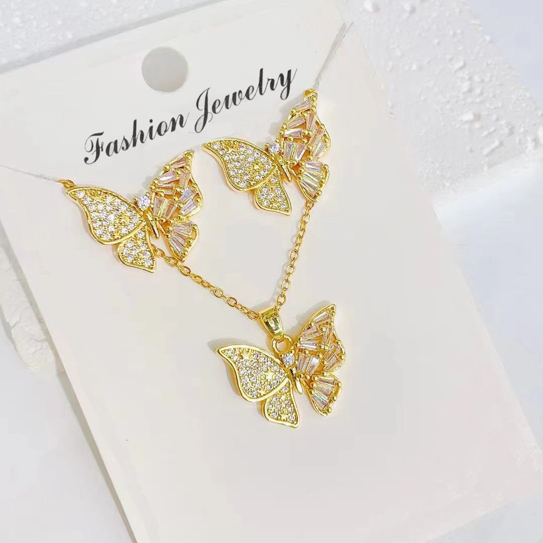 Wholesale Butterfly Titanium Steel Necklace Color Preservation Micro-set Earrings Necklaces Set