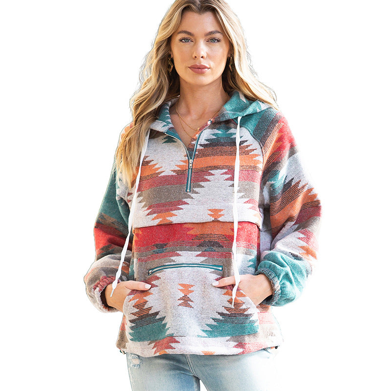 Wholesale Women's Contrasting Printed Long Sleeved Polyester Hoodies