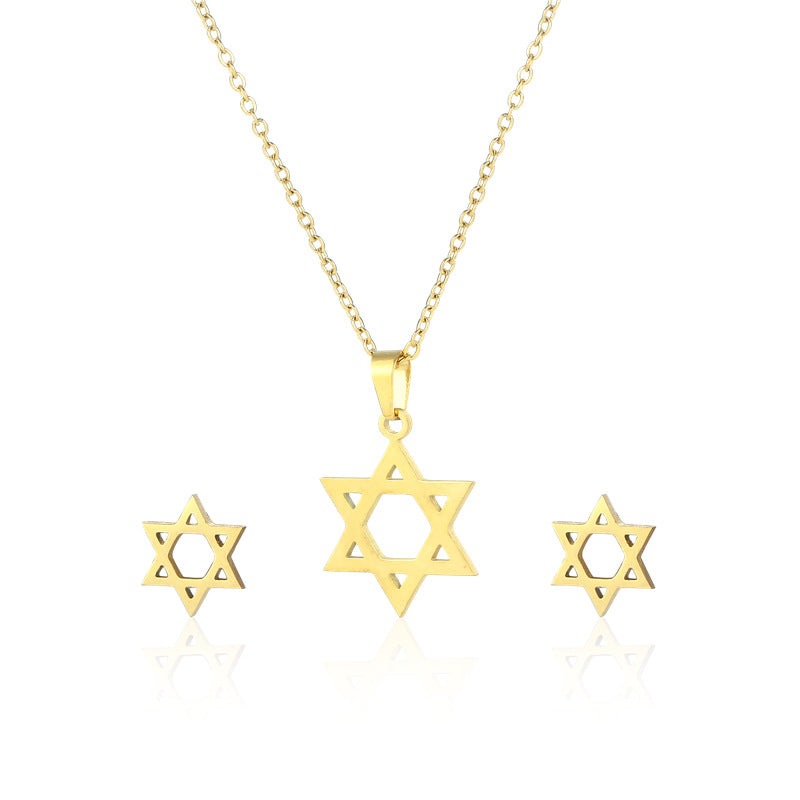 Wholesale Stainless Steel Simple Hollow 18K Gold Star Necklace Earring Set