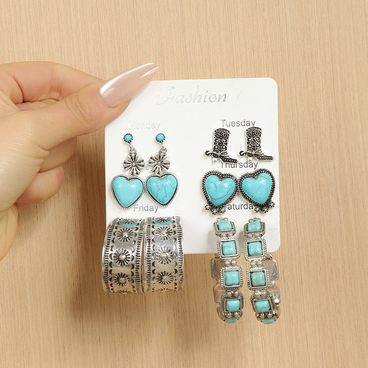 Wholesale Bohemian Turquoise Heart Earrings Set With Arrow Flower Motifs Fashion Accessory For Everyday Wear Or Boutique Resale