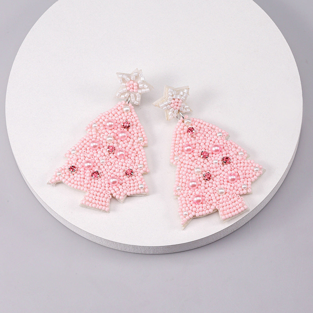 Wholesale Christmas Pink Resin Rice Beads Woven Five Point Star Christmas Tree Earrings