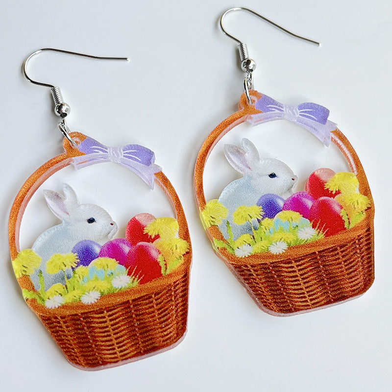 Wholesale Rabbit Flower Basket Cute Printed Easter Egg Chicken Spring Flower Earrings