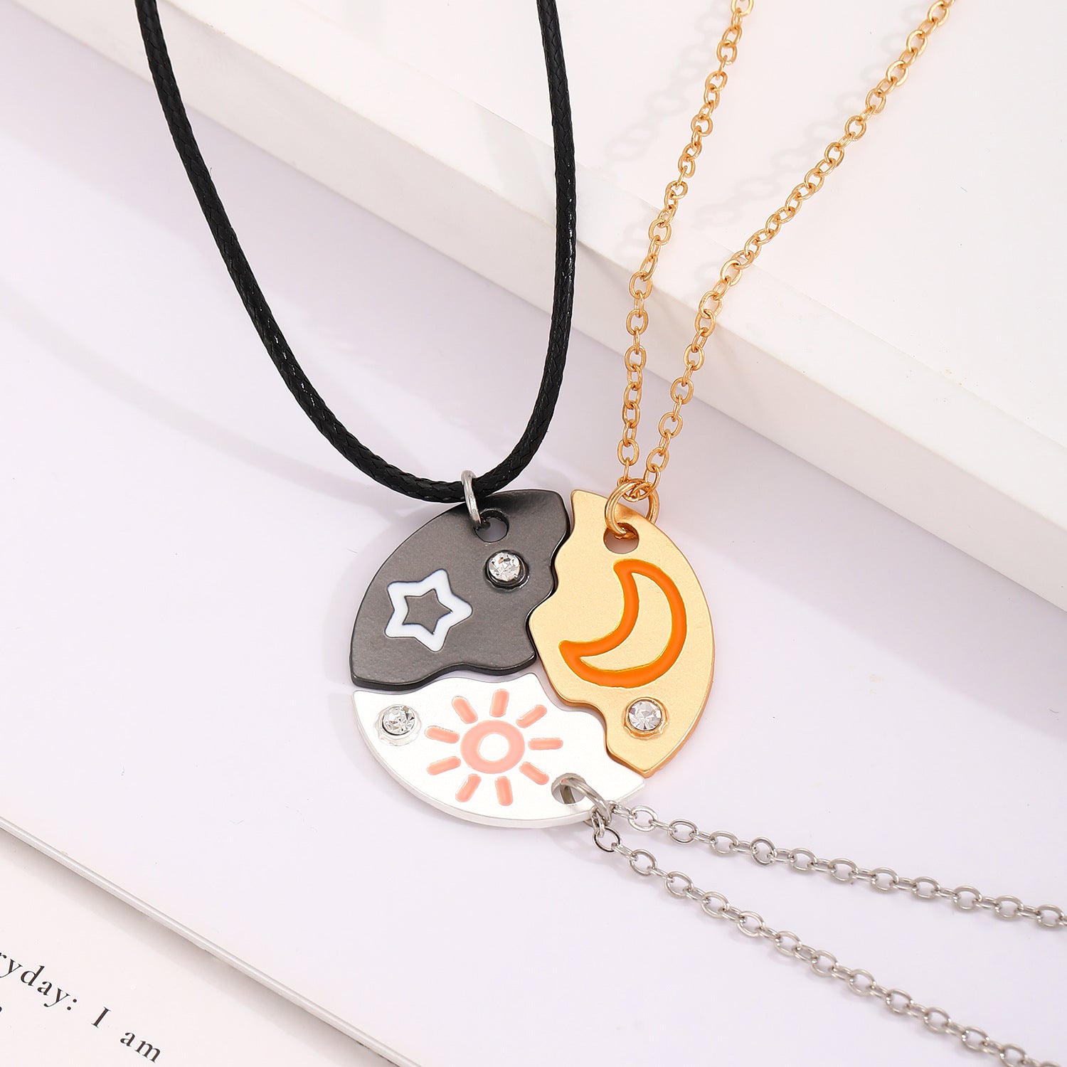 Wholesale  Moon and Sun Three-person Splicing Alloy Diamond Two-piece  Set Necklace