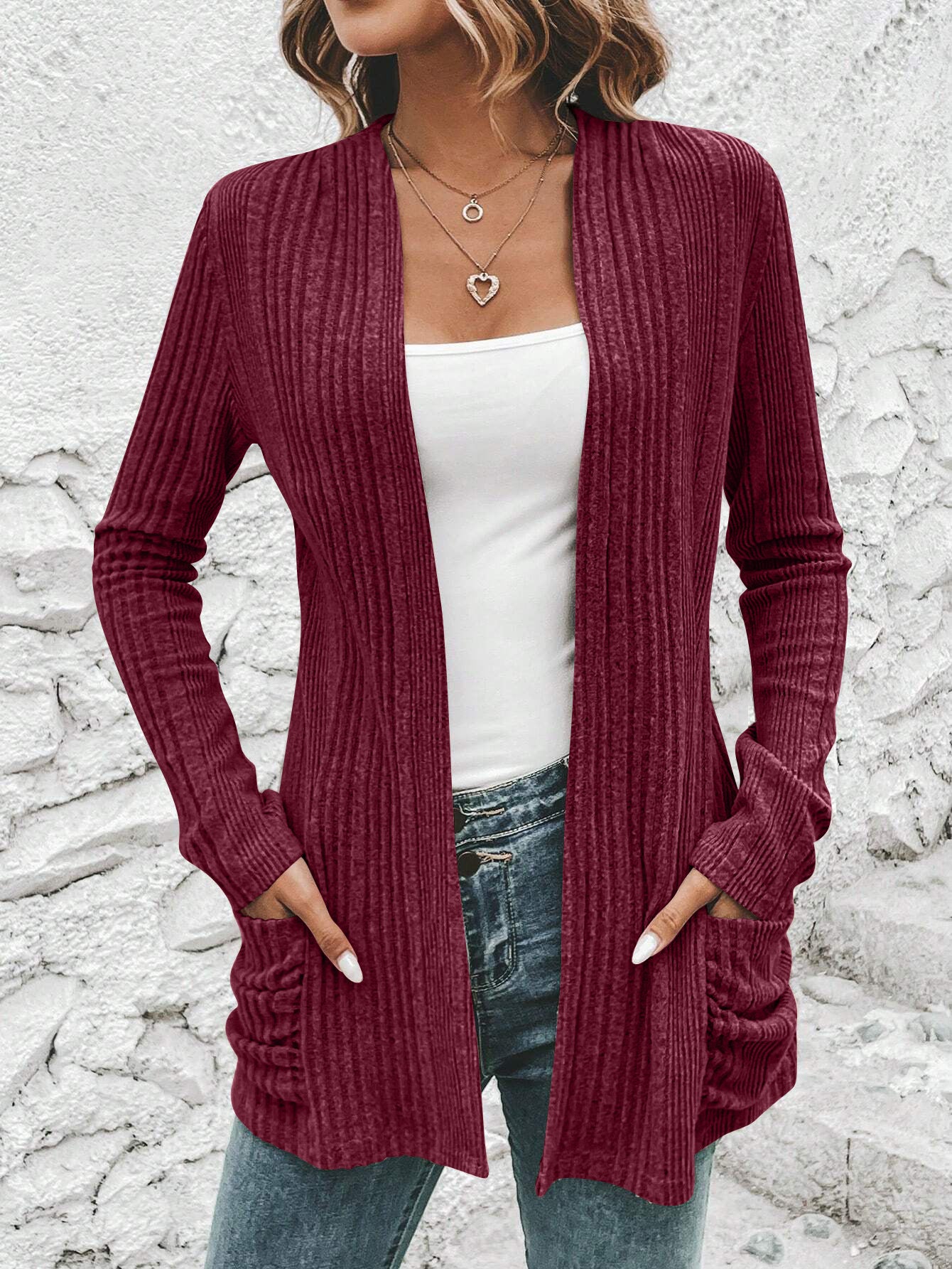 Wholesale Polyester European and American Autumn and Winter New Style Long-sleeved Solid Color Mid-length Knitted Cardigan Pocket Coat Sweater for Women