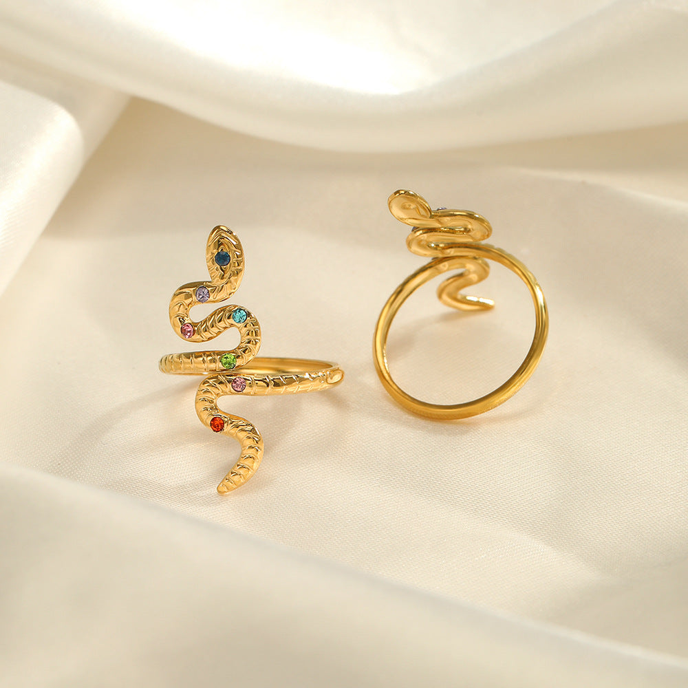 Wholesale Gold-plated stainless steel ring with colored diamonds and snake-shaped pattern