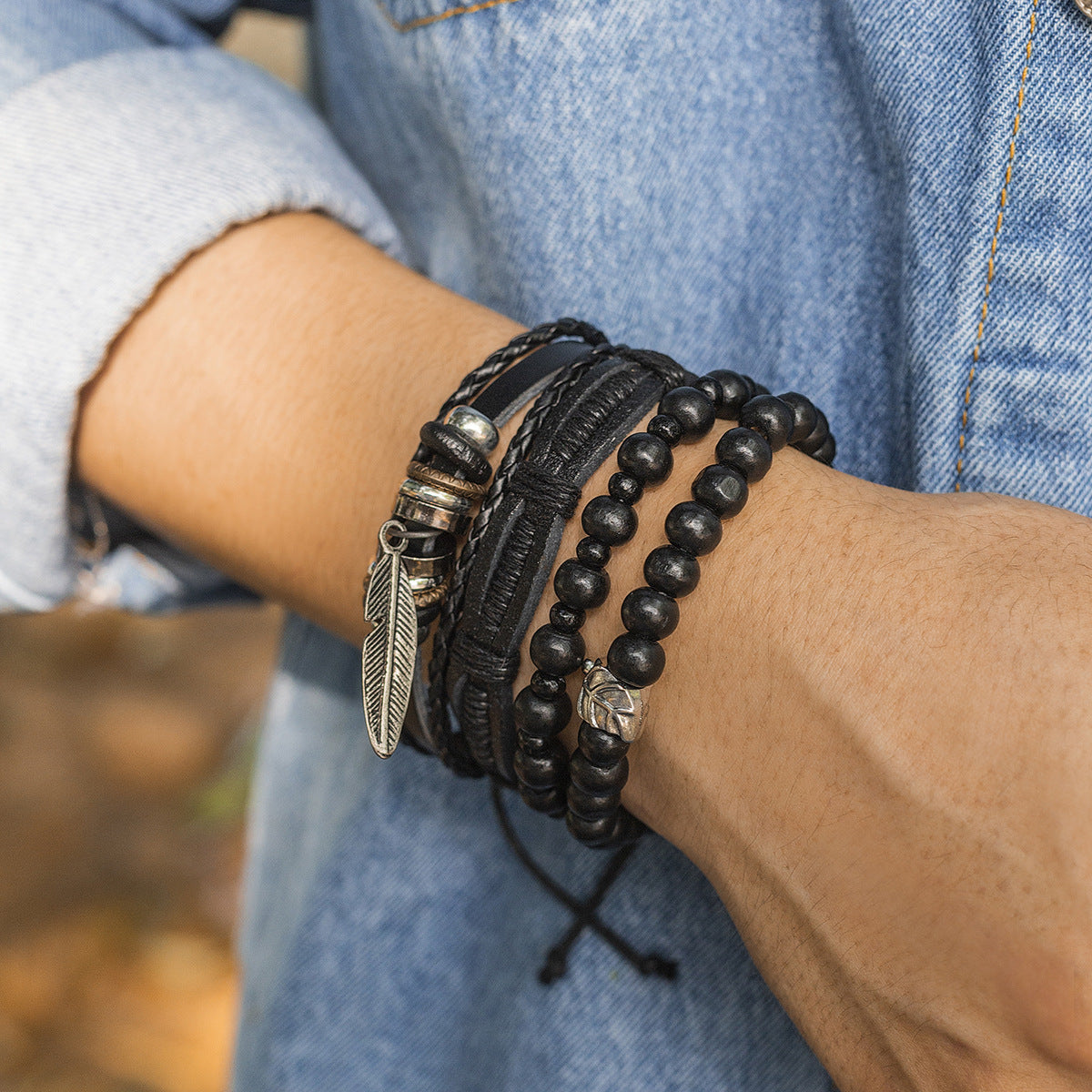 Wholesale Vintage Wood Beads Men's Hip Hop Leather Bracelet