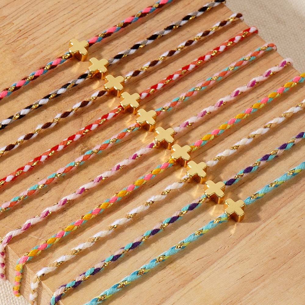 Wholesale Simple Casual Style Four-color Cotton Rope Copper Cross Bracelet