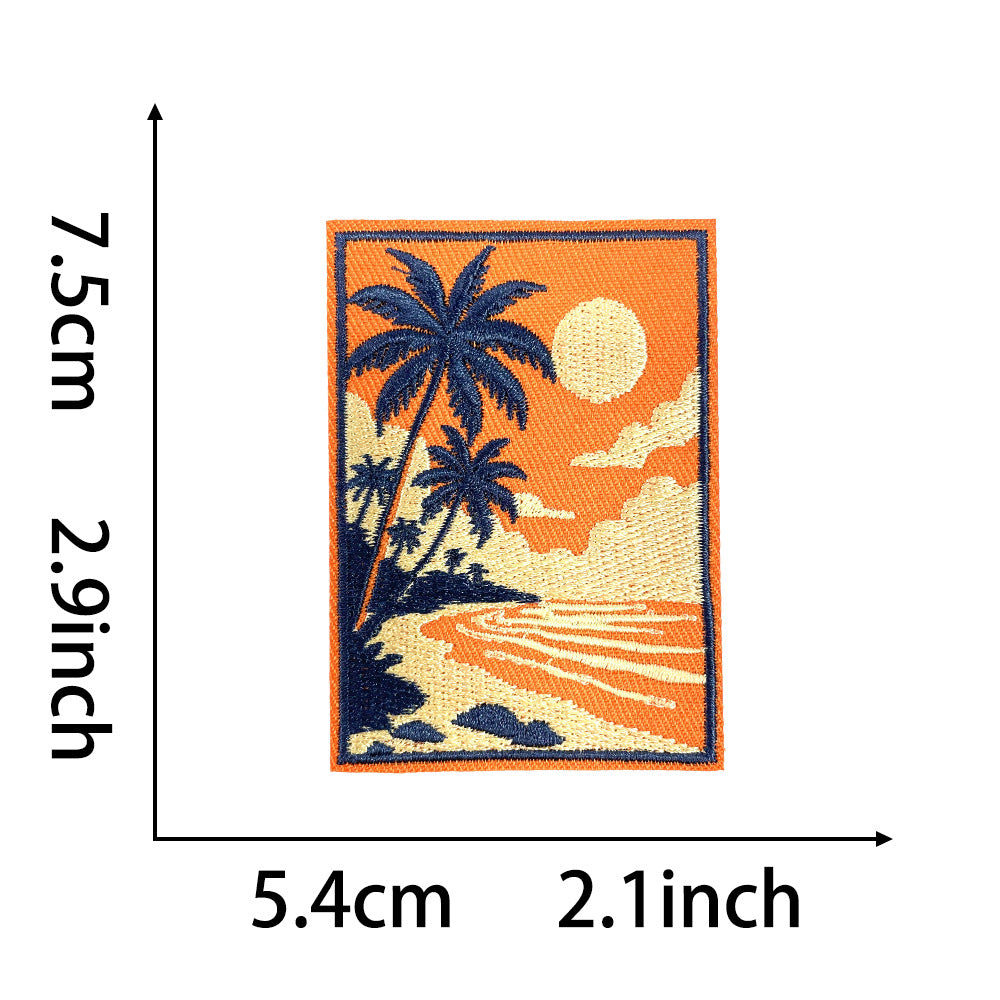 Wholesale Trendy Retro Beach Palm Tree Sunset Embroidered Patches For Clothing Bags DIY Craft Supply 5 Pack