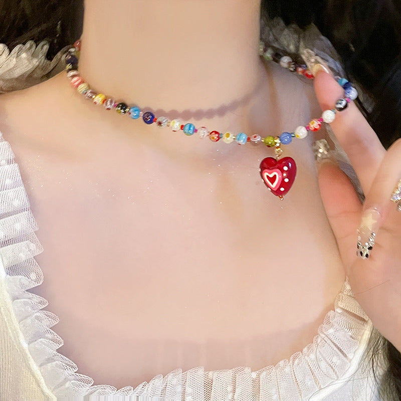 Wholesale Dopamine Color Beaded Red Heart Necklace