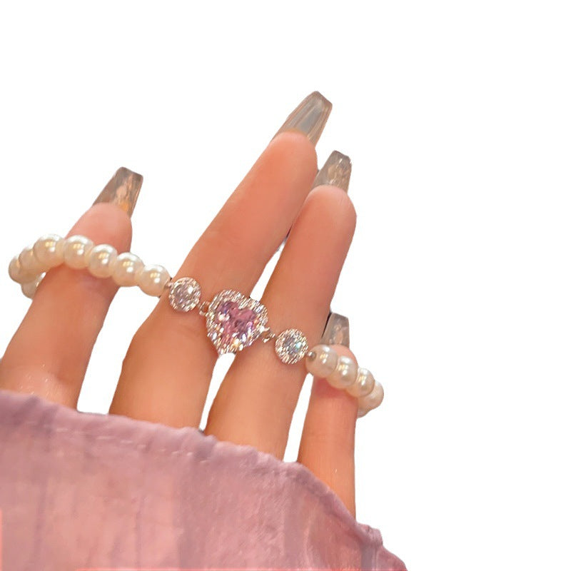 Wholesale Zircon Pink Love Pearl Stretch Bracelet