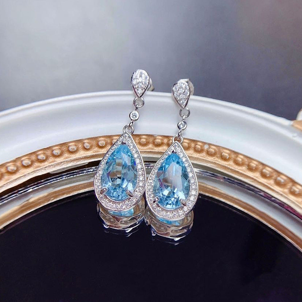 Wholesale Colored Treasure Drop Sea Blue Zircon Long Earrings
