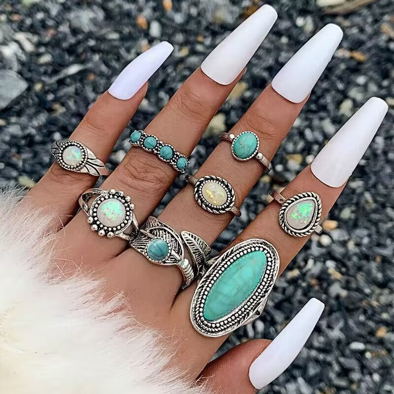 Wholesale new vintage ethnic style inlaid turquoise carved feather ring suit