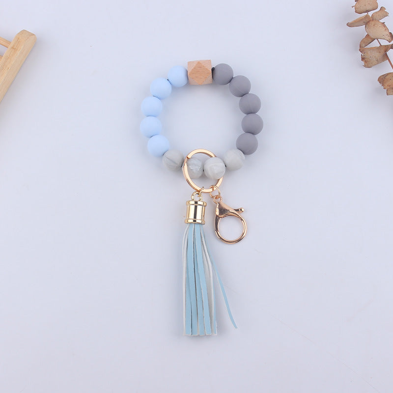 Wholesale Silicone Leather PU Short Tassel DIY Leopard Beaded Bracelet Keychains