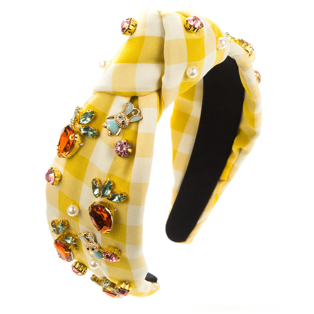 Wholesale Easter Mesh Fabric Hand-stitched Glass Diamond Rabbit Headband