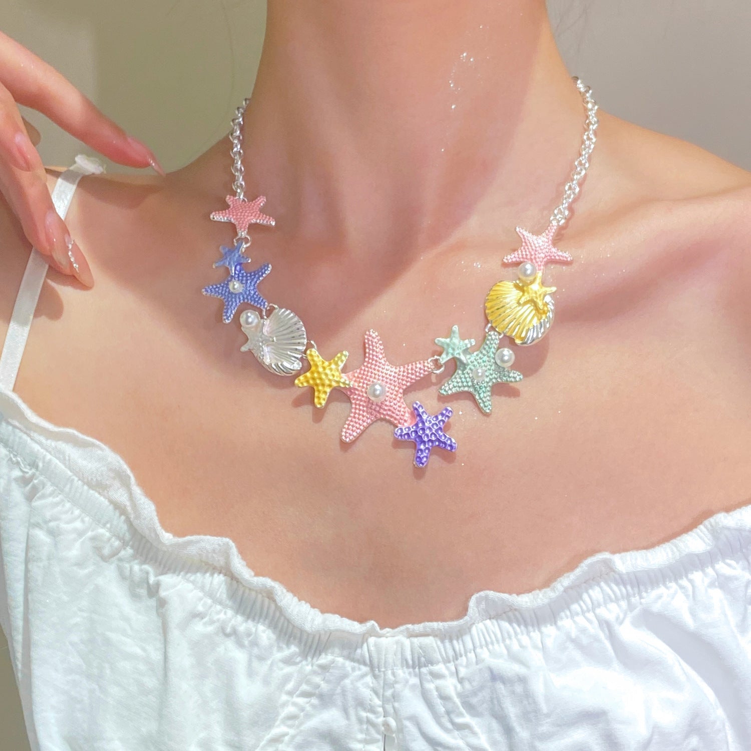 Wholesale Electroplated Alloy Bohemian Beach Shell Necklace And Bracelet Set For Women Faux Pearl Starfish Conch Fashion Accessory