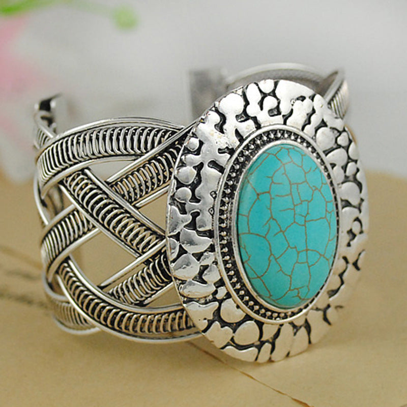 Wholesale Turquoise Hollow Geometric Vintage Wide Bracelet