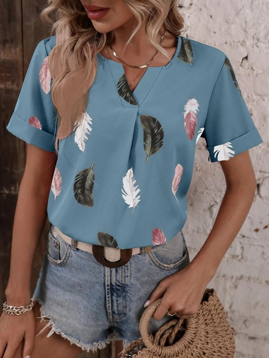 Wholesale Feather Pattern Printed V Neck Loose Short Sleeves