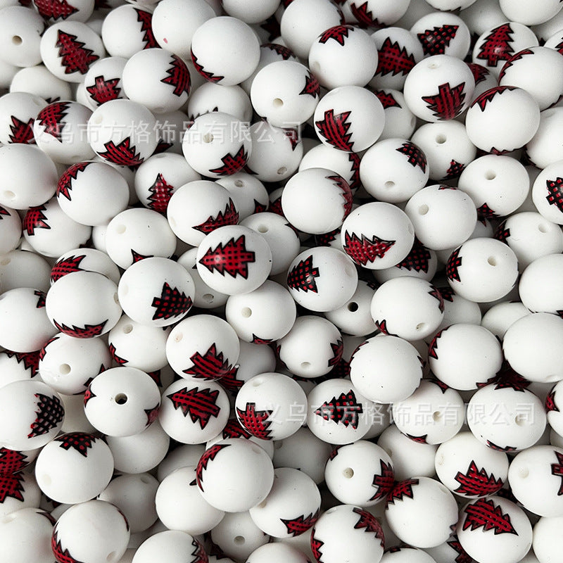 Wholesale 50pcs DIY Christmas Snowman Christmas Tree Printing 15mm Silicone Beads