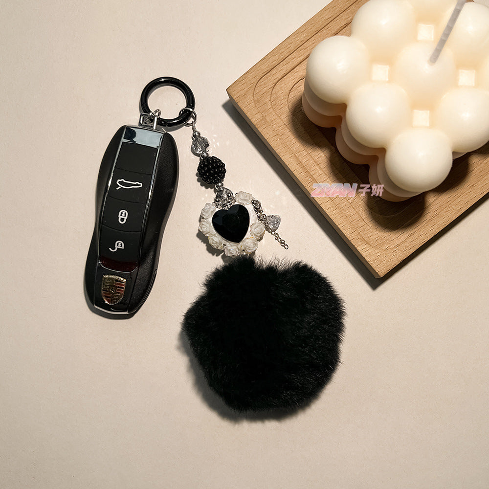 Wholesale Hair Ball Heart-shaped Rose Diamond Ball Keychain