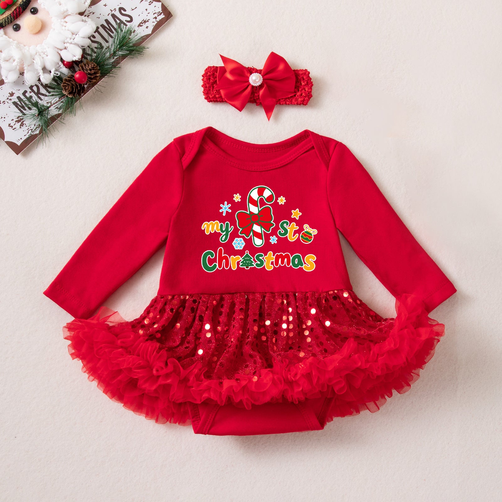 Wholesale Red Long Sleeve Sequin Tulle Baby Girl Christmas Dress Set With Hairband Leg Warmers Boutique Holiday Outfit
