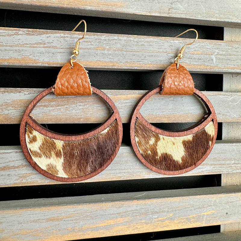 Wholesale Western Leather Circular Geometric Hollow Inlaid with Leopard Print Classic Exaggerated Earrings
